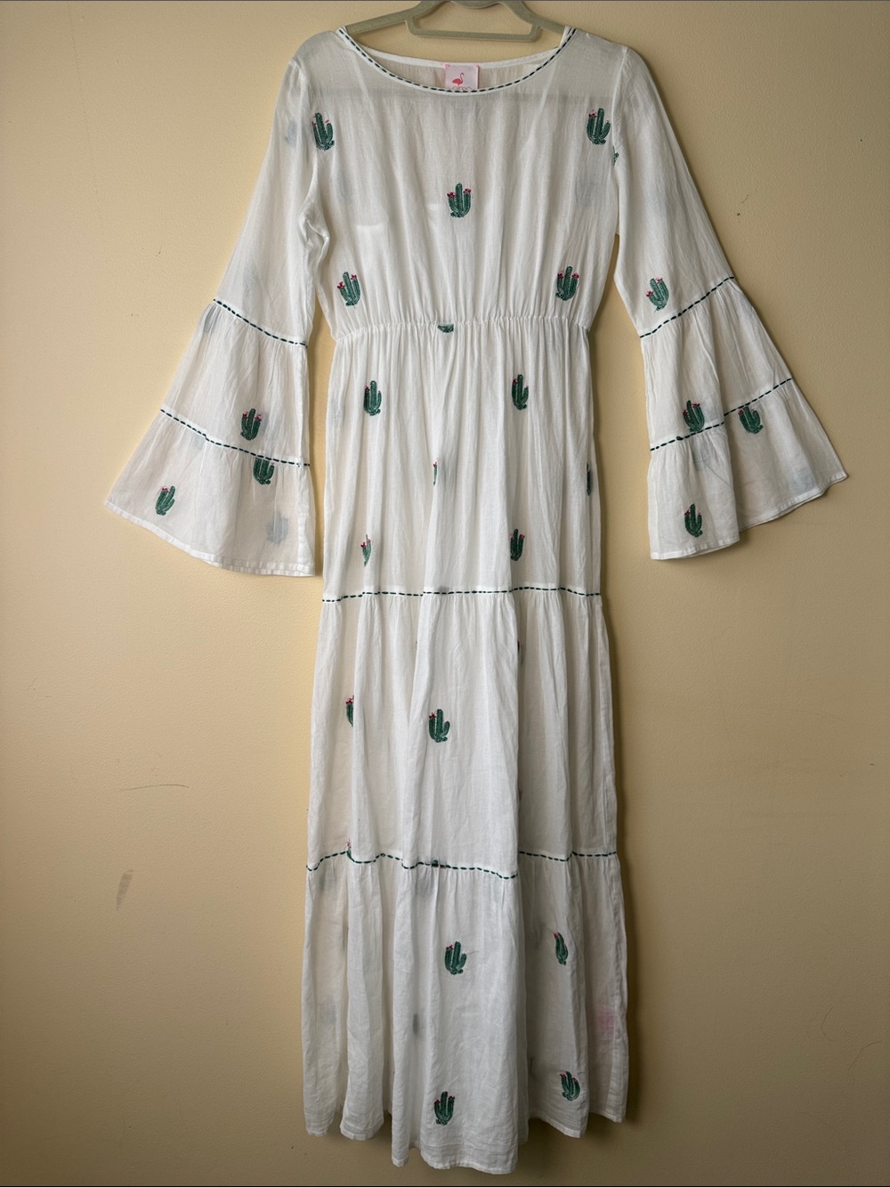 NIMO with Love Appliqué Cactus Embroidery Bell Sleeve Tiered White Maxi Dress SM